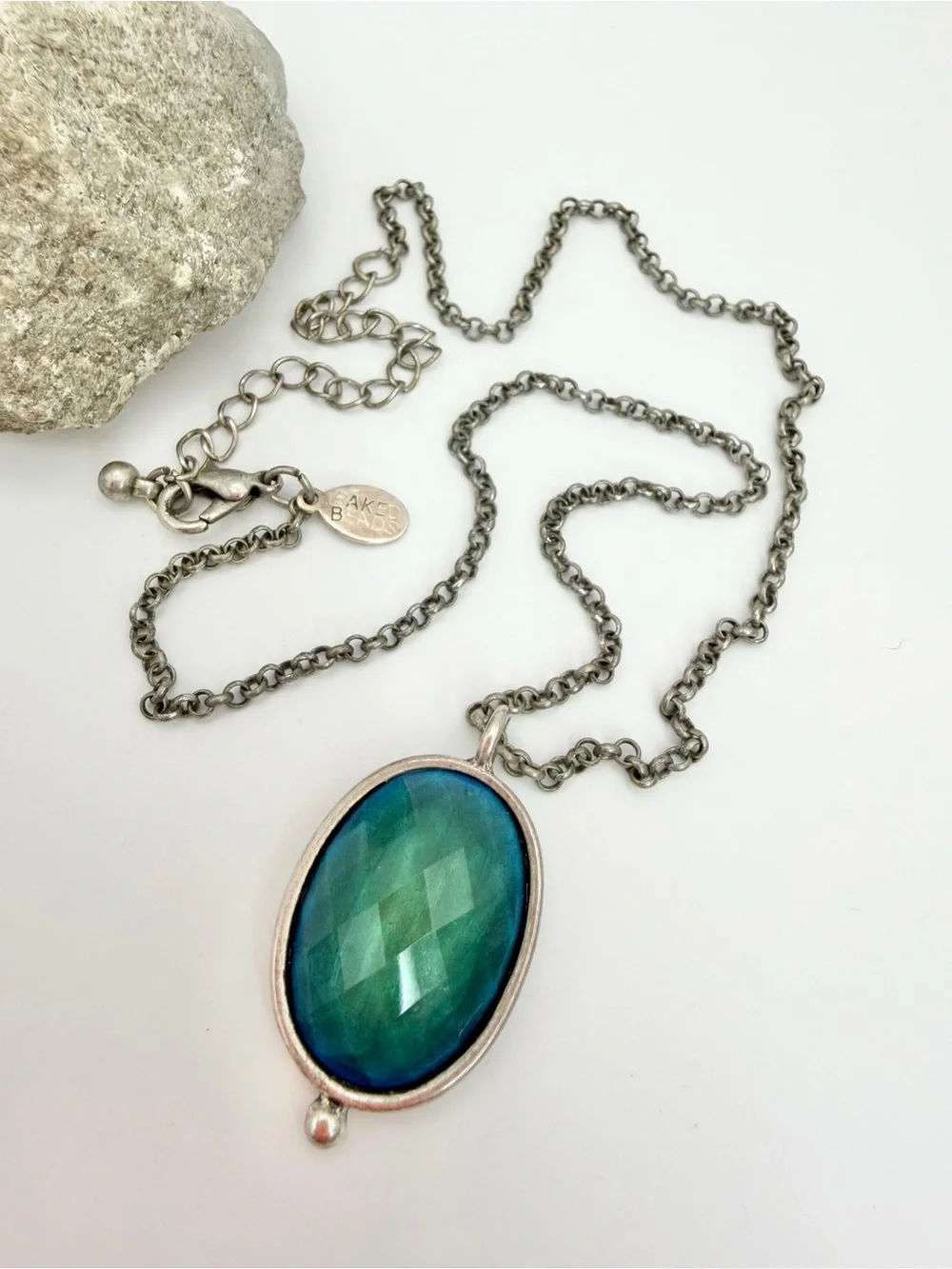 Baked Beads Blue-Green Faceted Oval Pendant Necklace